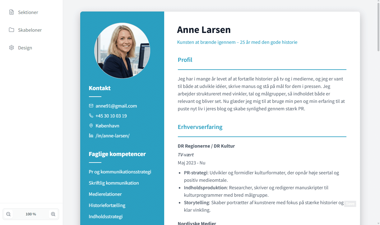 CV editor with professional design - example